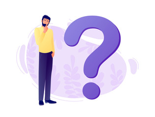 Question mark with young thinking business man. Q and A. FAQ. Frequently asked questions. Flat concept vector illustration for web, landing page, banner, presentation, flyer, poster. 