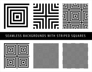 Set of seamless patterns with black white checked squares and striped lines. Optical illusion effects. Geometric tiles in op art style. Vector illusive backgrounds, textures.
