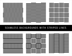 Set of seamless patterns with black white striped lines. Decorative elements, design templates, backgrounds, textures in minimalistic style. Geometric tiles in op art. Optical illusion effect.