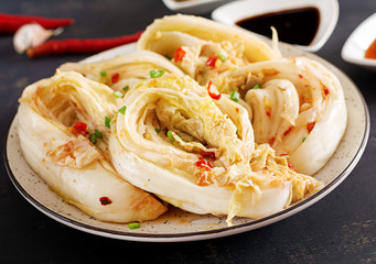 Chinese cabbage. Kimchi cabbage. Korean traditional food. Fermented food. Vegetarian food concept.