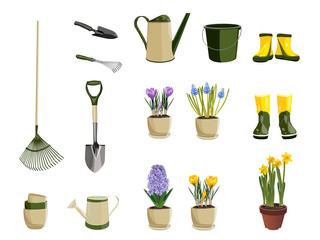 Garden accessories illustration. Gardening design. Vector illustration. Isolated on a white background.