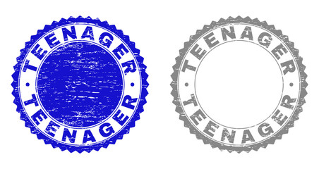 Grunge TEENAGER stamp seals isolated on a white background. Rosette seals with grunge texture in blue and gray colors. Vector rubber stamp imitation of TEENAGER tag inside round rosette.