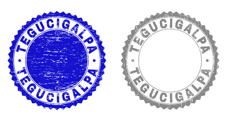 Grunge TEGUCIGALPA stamp seals isolated on a white background. Rosette seals with grunge texture in blue and grey colors. Vector rubber stamp imitation of TEGUCIGALPA label inside round rosette.