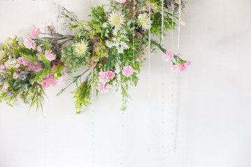 Wedding Backdrop to the beauty of the flower arrangements at the wedding ceremony for Bride and groom,Concept: Valentine's Day celebration for romance colorful love,White stage wallpaper style templat