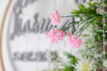 Wedding Backdrop to the beauty of the flower arrangements at the wedding ceremony for Bride and groom, Concept: Valentine's Day celebration for romance colorful love, White stage wallpaper style templ