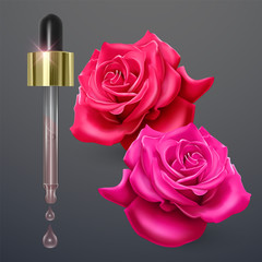Pipette with rose oil on a background of bright red roses, vector illustration in realistic style