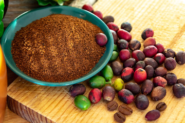 Red mature and dried organic arabica coffee beans, fresh ground coffee, bio coffee farm