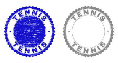 Grunge TENNIS watermarks isolated on a white background. Rosette seals with grunge texture in blue and grey colors. Vector rubber stamp imitation of TENNIS label inside round rosette.