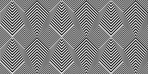 Seamless pattern with black white lines. Vector scales of striped hexagons and rhombuses. Op art background. Industrial technologic texture.