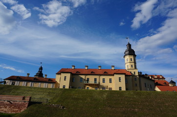 Nesvizh Castle in early autumn. Nyasvizh, Nieśwież, Nesvizh, Niasvizh, Nesvyzhius, Nieświeżh, in Minsk Region, Belarus. Site of residential castle of the Radziwill family. 