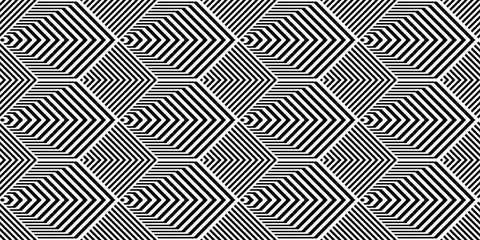 Seamless pattern with black white lines. Vector scales of striped hexagons and rhombuses. Op art background. Industrial technologic texture.