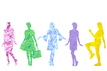 silhouettes of models with floral patterns and soft color, on white background