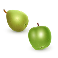 Set of green Apple and Pear on light background, realistic vector illustration