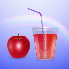 Juice mockup, smoothie cup isolated on purple background, 3d illustration. Realistic plastic Cup with apple juice, vector illustration