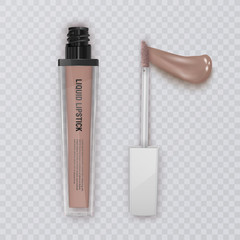 lipstick smear on transparent background, Cosmetics female lipstick cream packaging and liquid smear for makeup, realistic mockup vector illustration.