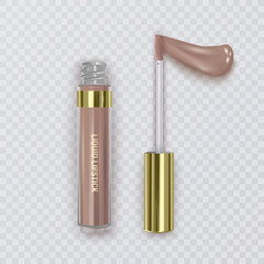 lipstick smear on transparent background, Cosmetics female lipstick cream packaging and liquid smear for makeup, realistic mockup vector illustration.