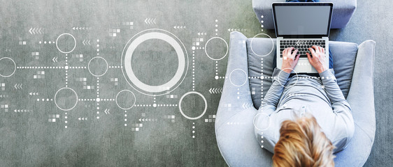 Connected circles chart with man using a laptop in a modern gray chair