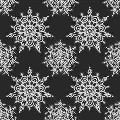 Seamless pattern with silver snowflakes with shiny texture, glitter snowflakes on dark background, pattern for your design. Vector illustration