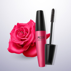 Mascara in realistic style on red rose background, vector illustration