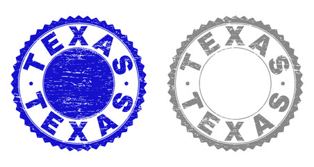Obraz premium Grunge TEXAS stamp seals isolated on a white background. Rosette seals with grunge texture in blue and gray colors. Vector rubber stamp imitation of TEXAS text inside round rosette.