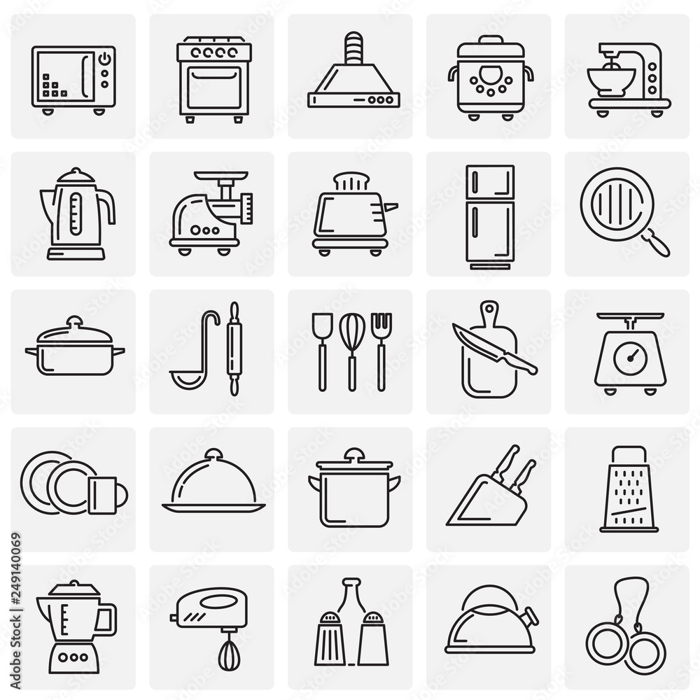 Poster kitchen appliances line icons set on squares background for graphic and web design, modern simple ve