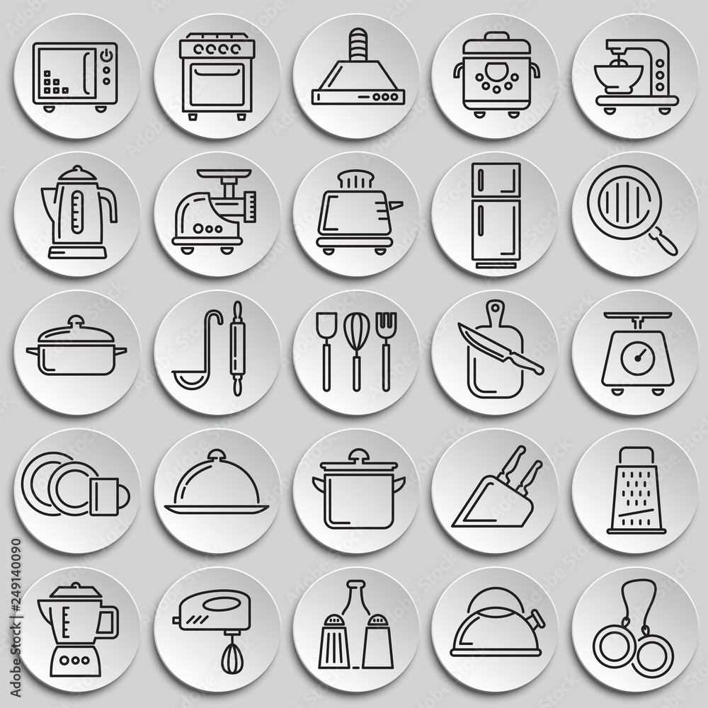 Poster kitchen appliances line icons set on plates background for graphic and web design, modern simple vec