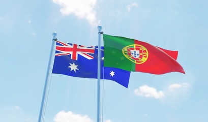 Portugal and Australia, two flags waving against blue sky. 3d image