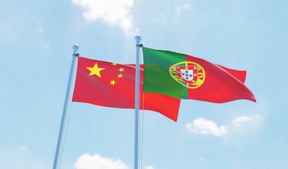 Portugal and China, two flags waving against blue sky. 3d image