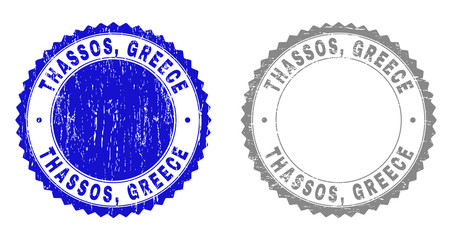 Grunge THASSOS, GREECE watermarks isolated on a white background. Rosette seals with grunge texture in blue and gray colors. Vector rubber stamp imprint of THASSOS, GREECE title inside round rosette.