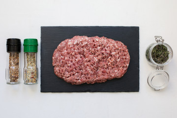 Raw minced pork and beef. Preparation of meat for meatballs.