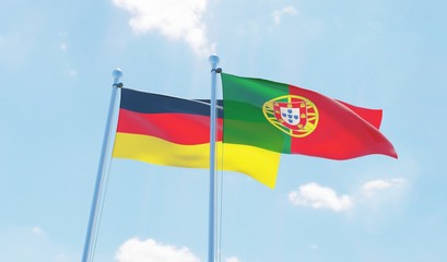 Portugal and Germany, two flags waving against blue sky. 3d image