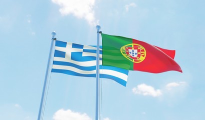 Portugal and Greece, two flags waving against blue sky. 3d image
