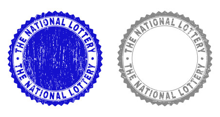 Grunge THE NATIONAL LOTTERY stamp seals isolated on a white background. Rosette seals with distress texture in blue and grey colors.