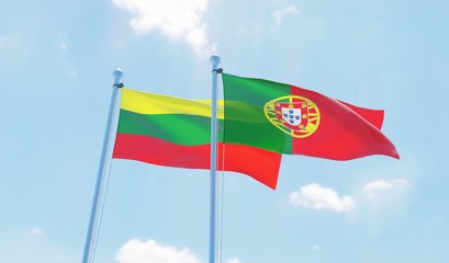 Portugal and Lithuania, two flags waving against blue sky. 3d image