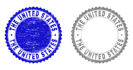 Grunge THE UNITED STATES stamp seals isolated on a white background. Rosette seals with grunge texture in blue and grey colors.