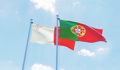 Portugal and Malta, two flags waving against blue sky. 3d image