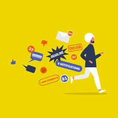 Digital hygiene. Stress. Indian male Character running away from the pop up notifications. Modern lifestyle. Overwhelming flow of information. Flat editable vector illustration, clip art