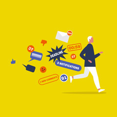 Digital hygiene. Stress. Male Character running away from the pop up notifications. Modern lifestyle. Overwhelming flow of information. Flat editable vector illustration, clip art