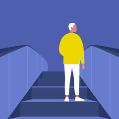 Blonde male Character going up on the escalator. Metro. Subway station. Shopping mall. Flat editable vector illustration, clip art