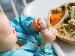 Baby eating by hands, Baby eating organic bio vegetables with BLW method, baby led weaning. Happy...
