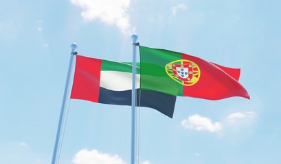 Portugal and UAE, two flags waving against blue sky. 3d image