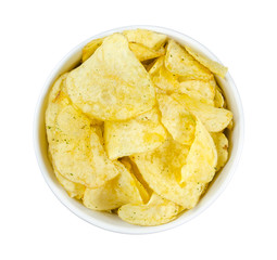 Potato chips in a plate isolated on white background.