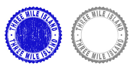 Grunge THREE MILE ISLAND stamp seals isolated on a white background. Rosette seals with grunge texture in blue and gray colors.