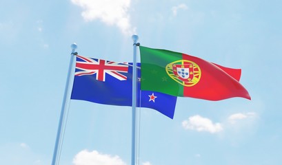 Portugal and New Zealand, two flags waving against blue sky. 3d image