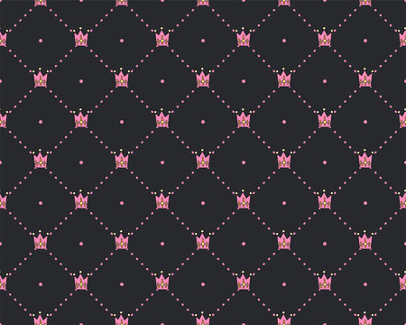 Funny princess pattern with geometrical structure and royal crown. Crown and dots princess pattern, cute teen fashion elements for princess and little girls. Princess cute seamless pattern, with pink