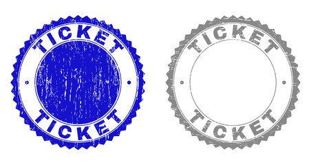 Grunge TICKET stamp seals isolated on a white background. Rosette seals with grunge texture in blue and gray colors. Vector rubber stamp imitation of TICKET caption inside round rosette.