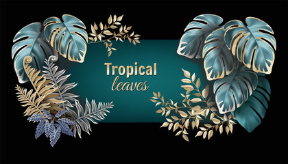 Template label dark leaves of tropical exotic plants. Flyer jungle with palm trees and lianas. Vector 3d illustration with space for text.