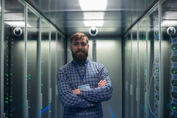 Coworkers walking in server room