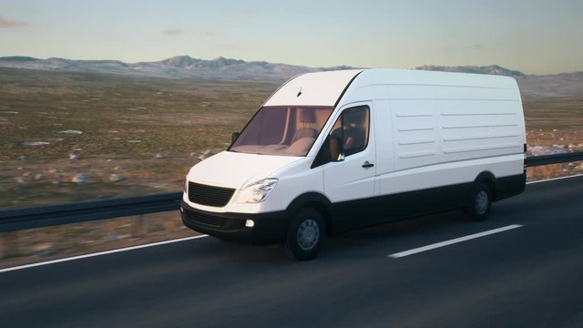 A white delivery van drives along a desert highway into the sunset. Realistic high quality 3d animation.