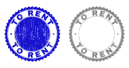 Grunge TO RENT stamp seals isolated on a white background. Rosette seals with grunge texture in blue and gray colors. Vector rubber stamp imprint of TO RENT caption inside round rosette.